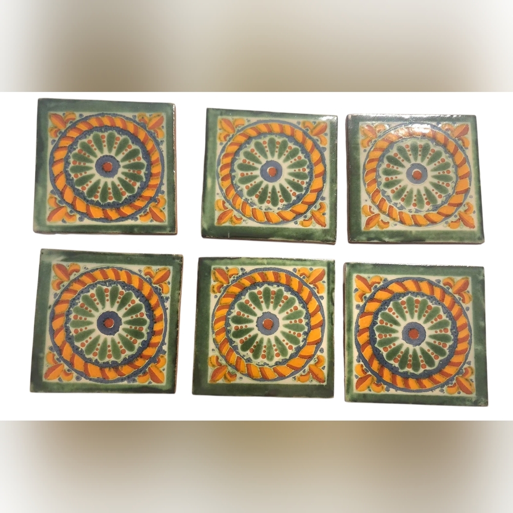 Traditional Mexican Talavera Tiles - Cuerda Verde, 4"×4", 6 Pieces